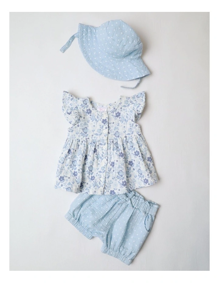 Woven Floral Polka Dot Top Short & Hat Set in Cornflower image 1