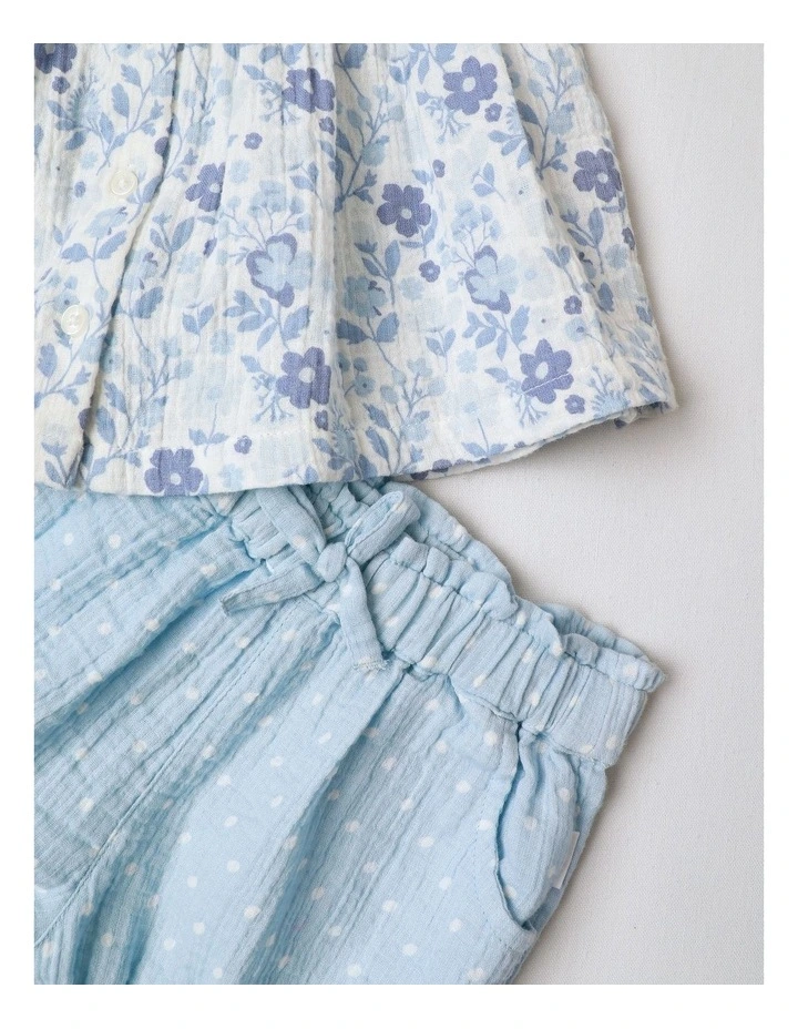 Woven Floral Polka Dot Top Short & Hat Set in Cornflower image 2