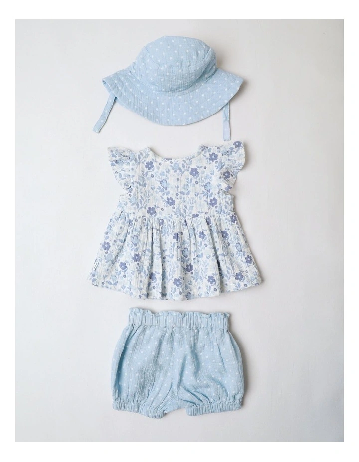 Woven Floral Polka Dot Top Short & Hat Set in Cornflower image 3