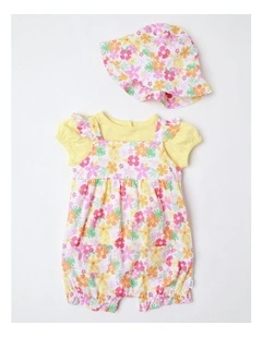 Flower Frill Romper with T-shirt and Hat Set in Multi