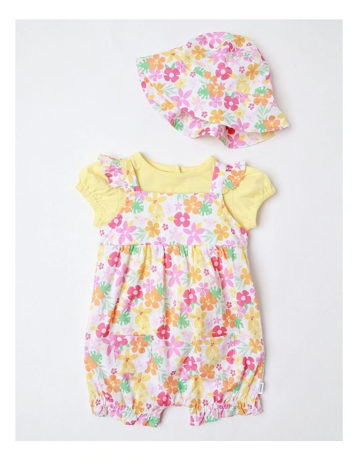 Flower Frill Romper with T-shirt and Hat Set in Multi image 1