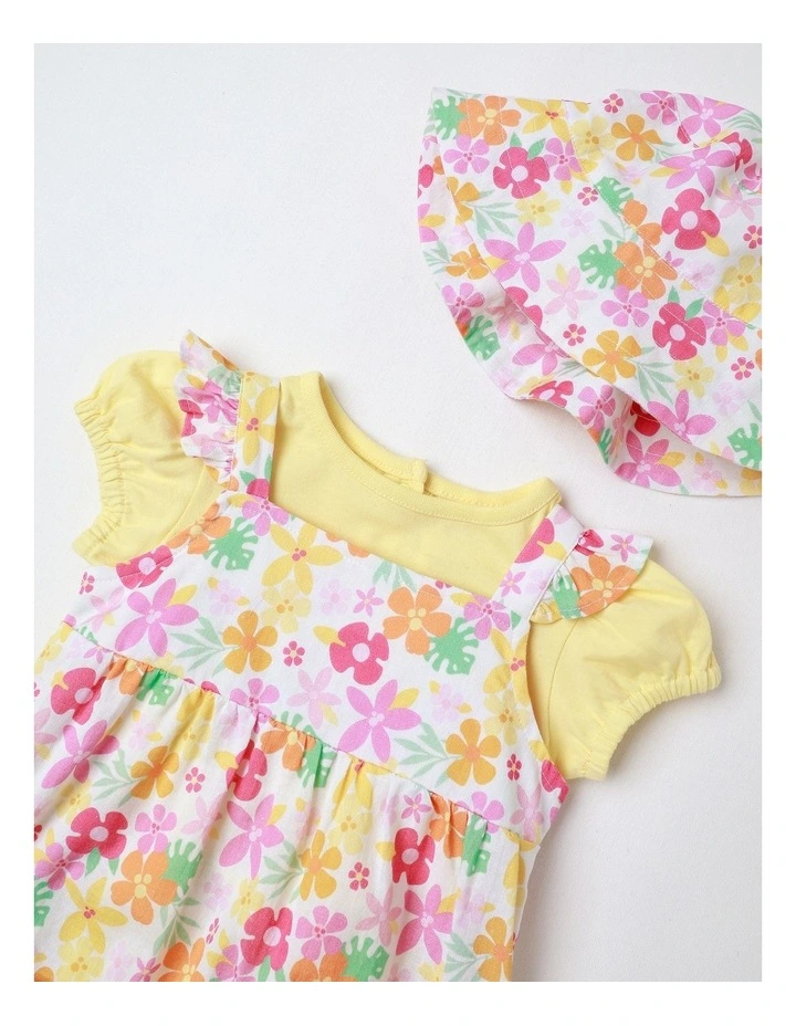 Flower Frill Romper with T-shirt and Hat Set in Multi image 2