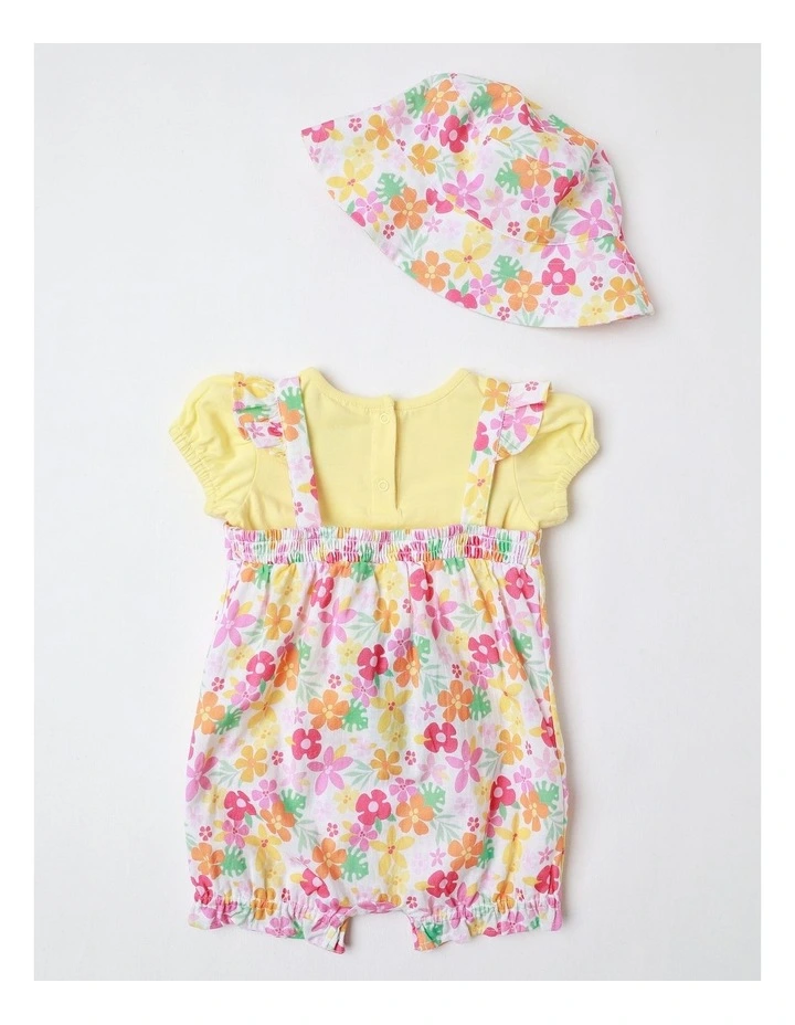 Flower Frill Romper with T-shirt and Hat Set in Multi image 4