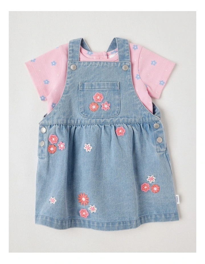 Denim Set With Short Sleeve Tee And Pinafore in Multi image 1