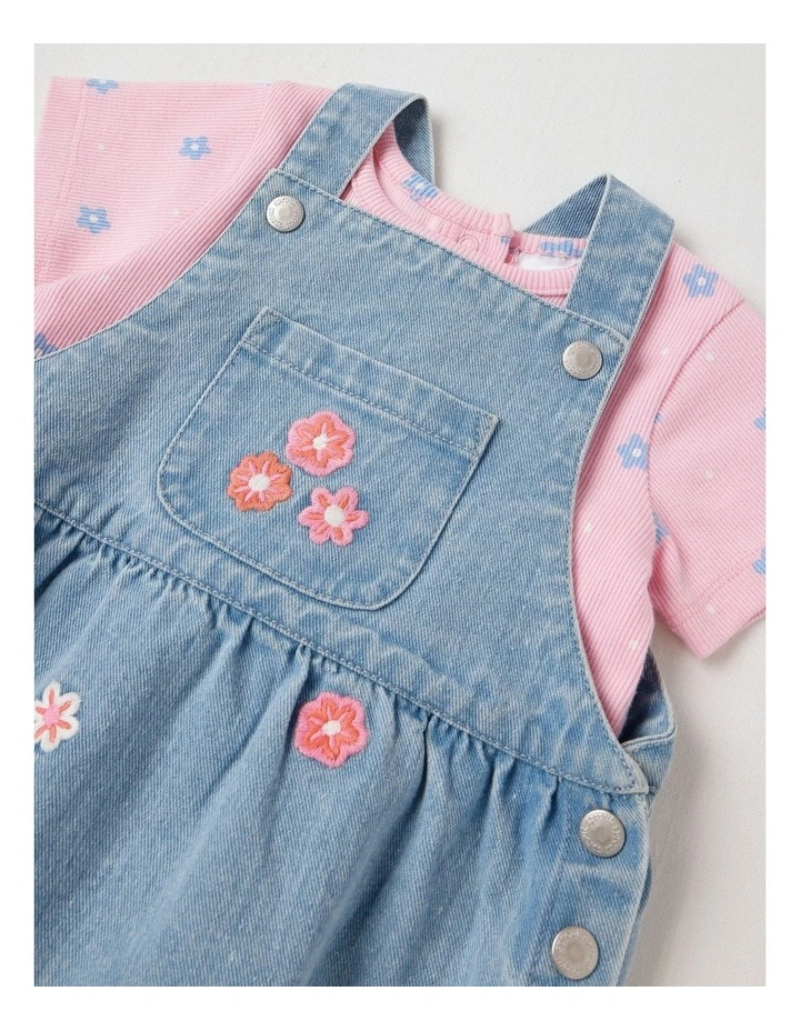 Denim Set With Short Sleeve Tee And Pinafore in Multi image 2