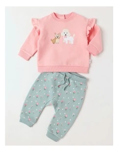 Crew Neck Frill Puppy Tracksuit Set in Pale Pink