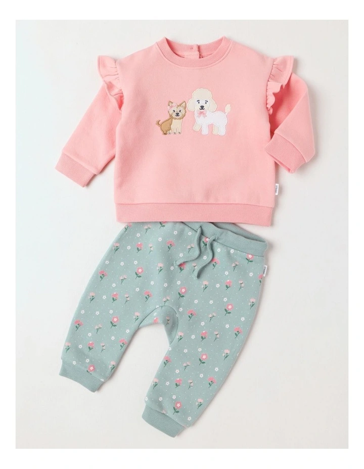 Crew Neck Frill Puppy Tracksuit Set in Pale Pink image 1