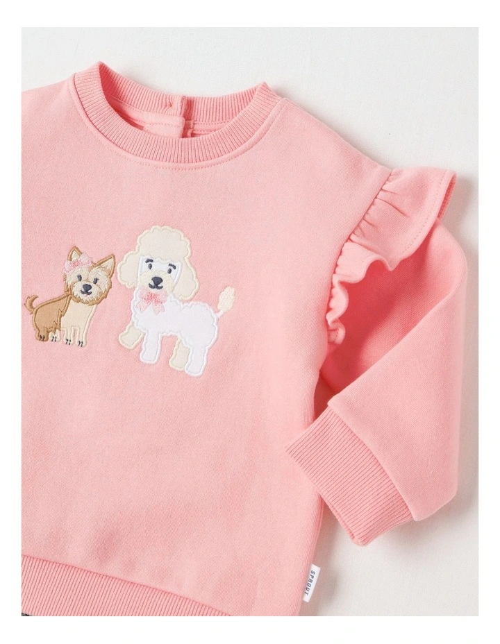 Crew Neck Frill Puppy Tracksuit Set in Pale Pink image 2