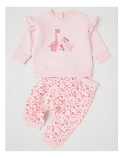 Crew Neck Frill Dino Tracksuit Set in Blush