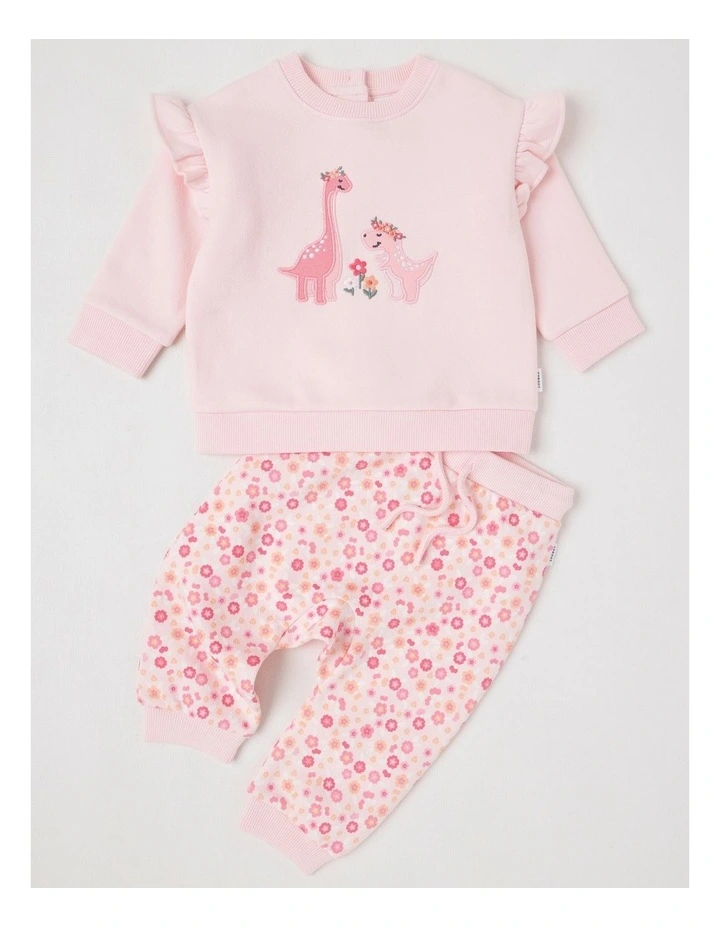 Crew Neck Frill Dino Tracksuit Set in Blush image 1