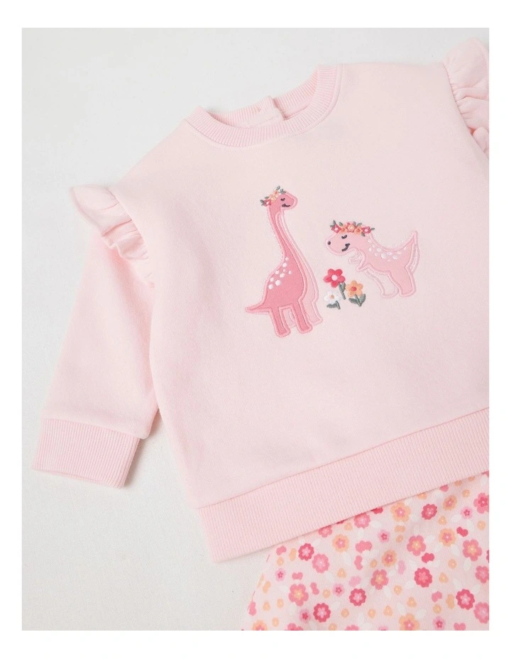 Crew Neck Frill Dino Tracksuit Set in Blush image 2