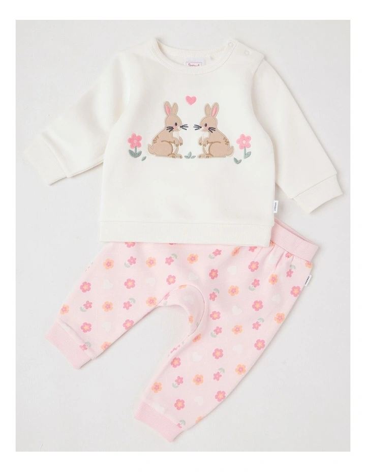 Crew Neck Bunny Tracksuit Set in Cream image 1