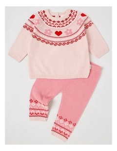 Chenille Heart & Flower Fair Isle Top & Legging Set in Blush