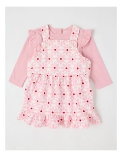 Long Sleeve Top With Disty Floral Cord Pinafore in Tulip