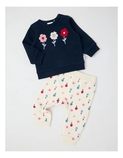 Crew Neck Flower Trio Tracksuit Set in Navy