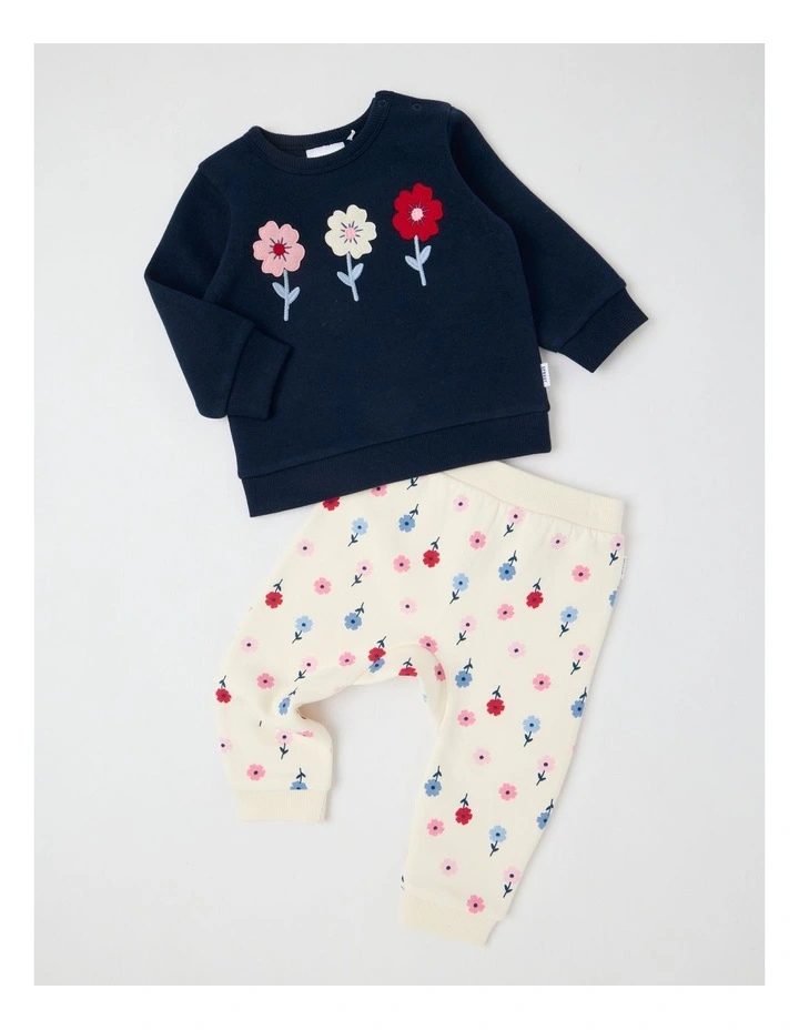 Crew Neck Flower Trio Tracksuit Set in Navy image 1