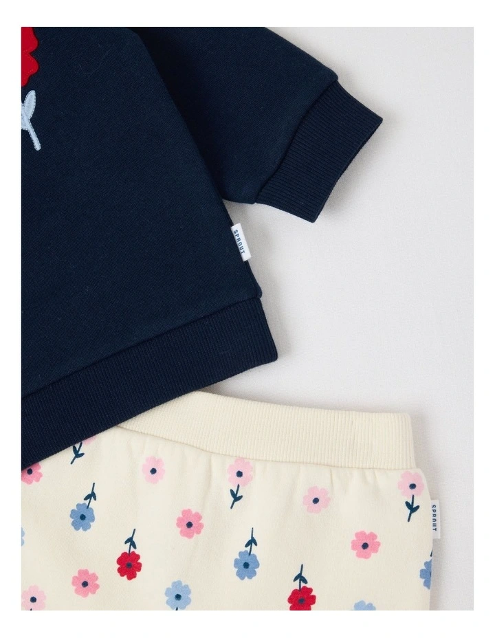 Crew Neck Flower Trio Tracksuit Set in Navy image 4
