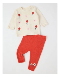 Flower Embroidered Chenille Top & Legging Set in Bone