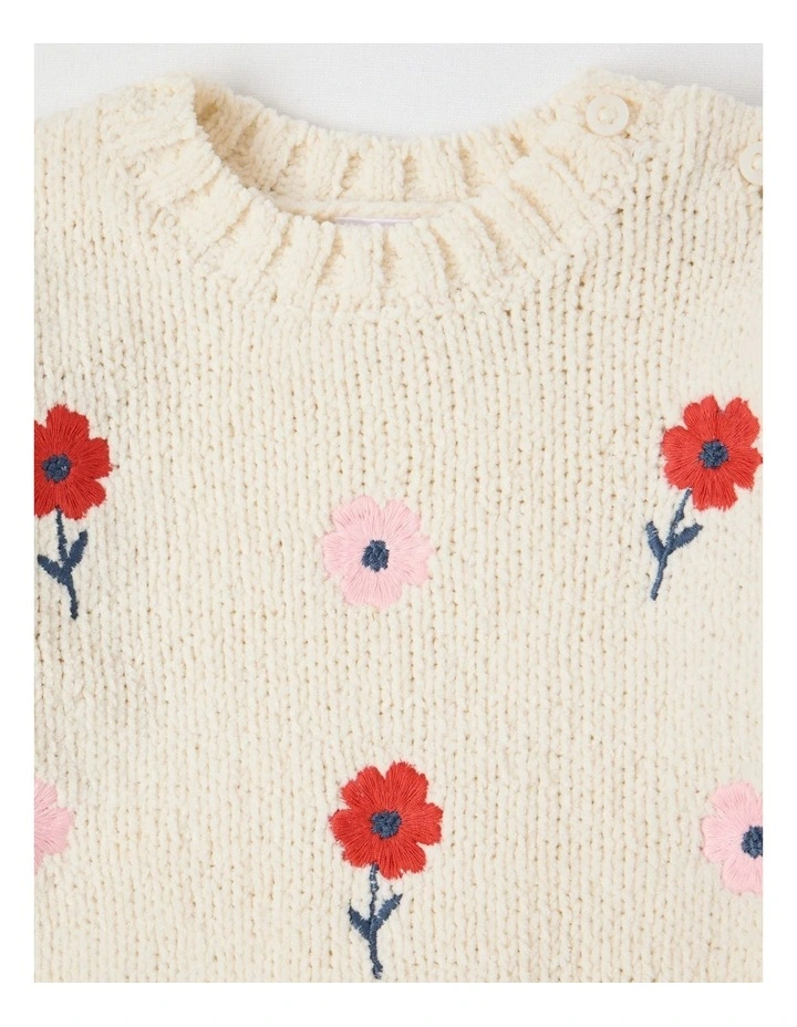 Flower Embroidered Chenille Top & Legging Set in Bone image 2