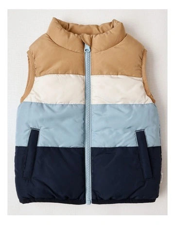 Reversible Spliced Puffer Vest in Tan