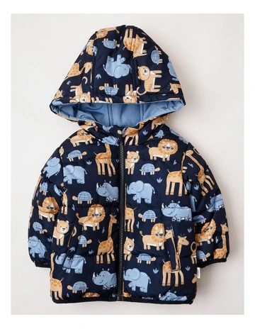Jungle All Over Print Reversible Puffer Jacket in Navy
