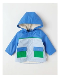 Sherpa Lined Color Block Raincoat Jacket in Bluestone