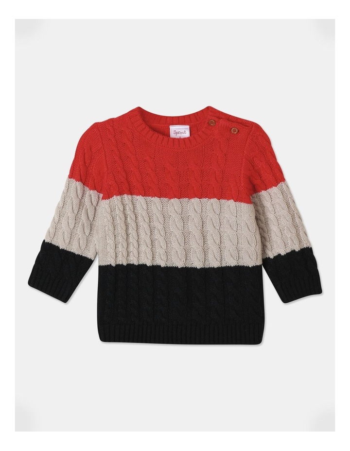 Colour Block Cable Knit Jumper in Red Patent