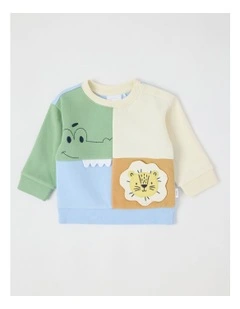 Colour Block Applique Crew Sweat Top in Assorted