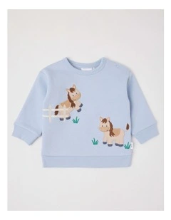 Applique Farm Sweat Top in Bluestone