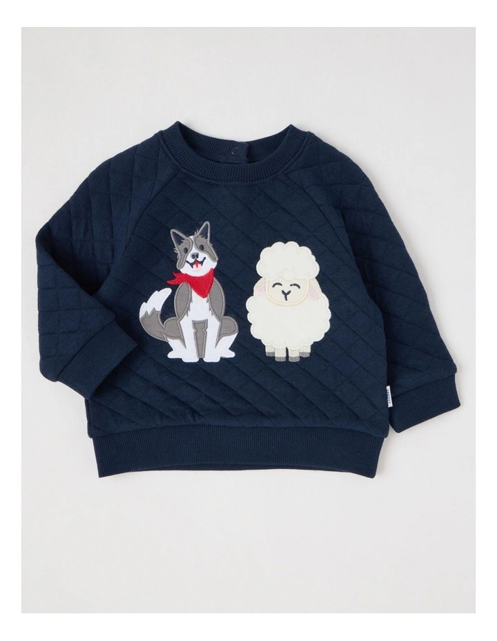 Farm Dog & Sheep Quilted Sweat Top in Navy image 1