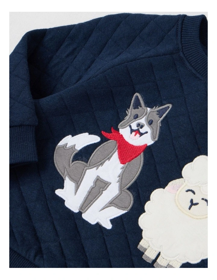 Farm Dog & Sheep Quilted Sweat Top in Navy image 2