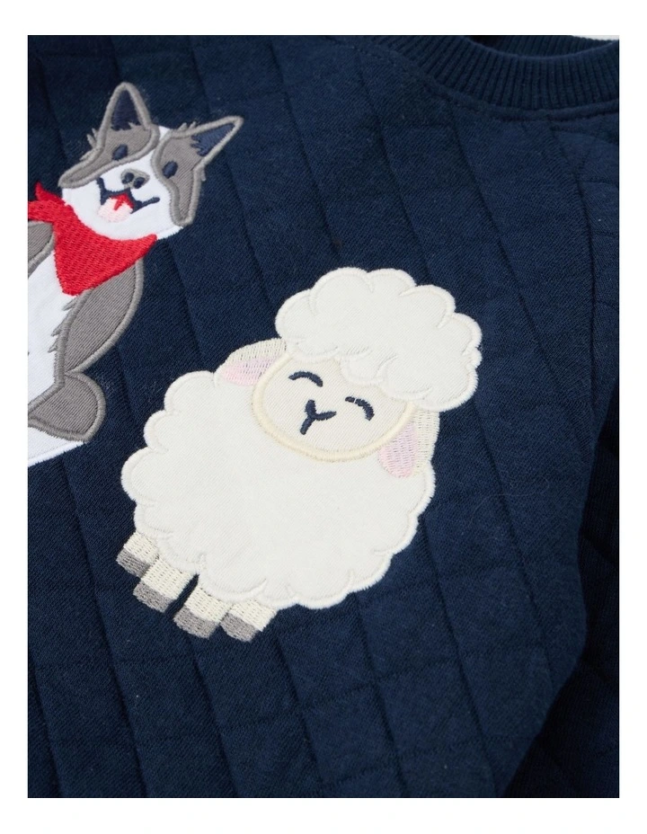 Farm Dog & Sheep Quilted Sweat Top in Navy image 3