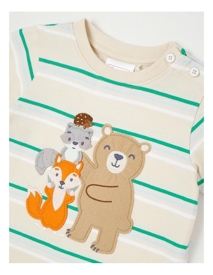 Stripe Forest Animal Applique T-Shirt in Bone image 2