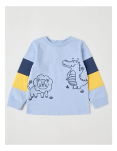 Colour Block Sleeve Jungle T/Shirt in Bluestone