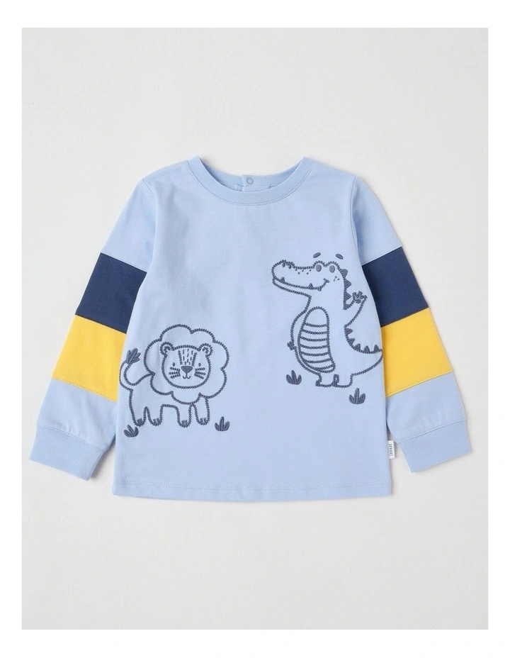 Colour Block Sleeve Jungle T/Shirt in Bluestone image 1