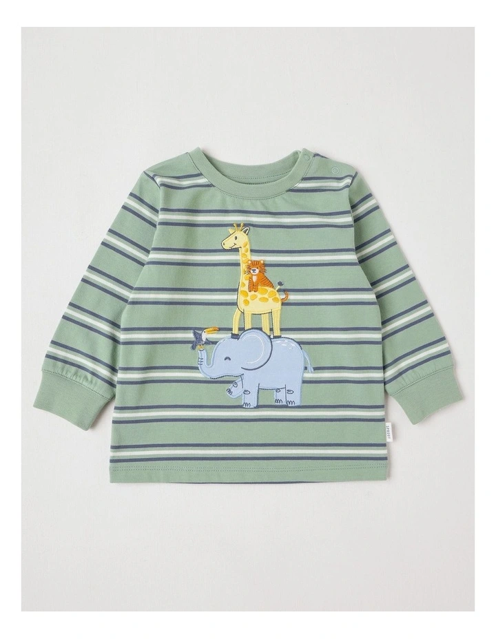 Yarndye Stripe Animal Stack T/Shirt in Green image 1