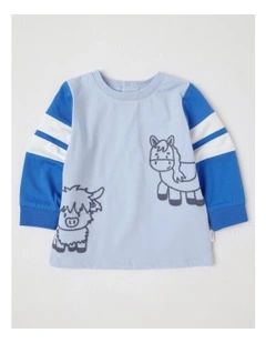 Contrast Sleeve Band Farm T/Shirt in Bluestone