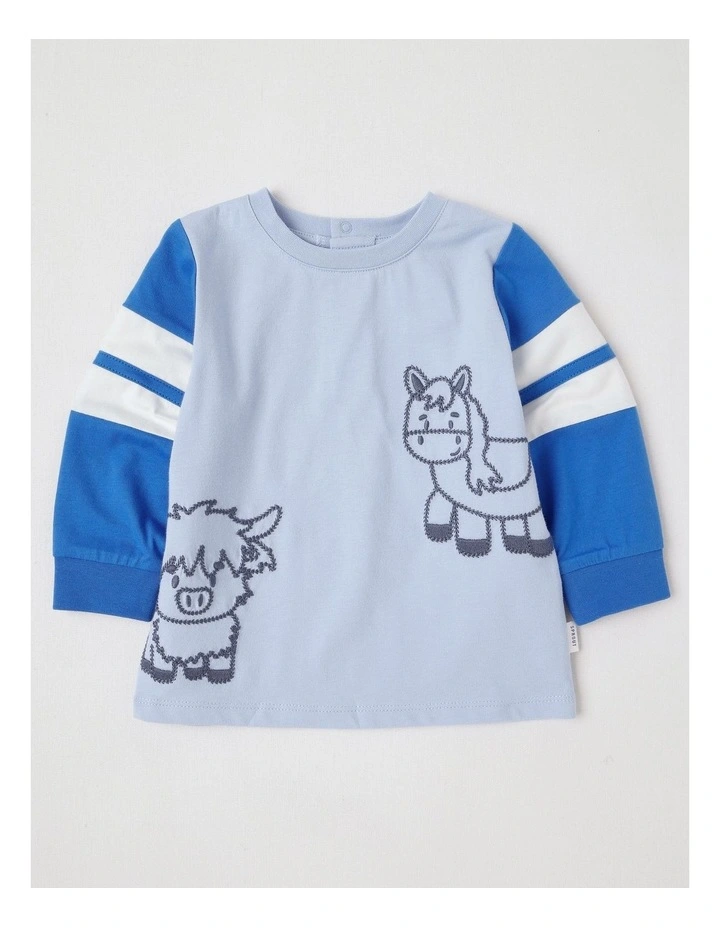 Contrast Sleeve Band Farm T/Shirt in Bluestone image 1