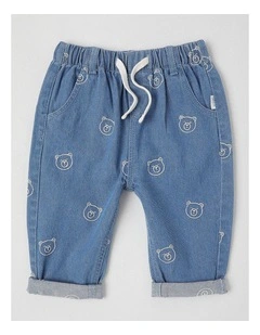 Bear Embroidered Denim Pants in Denim