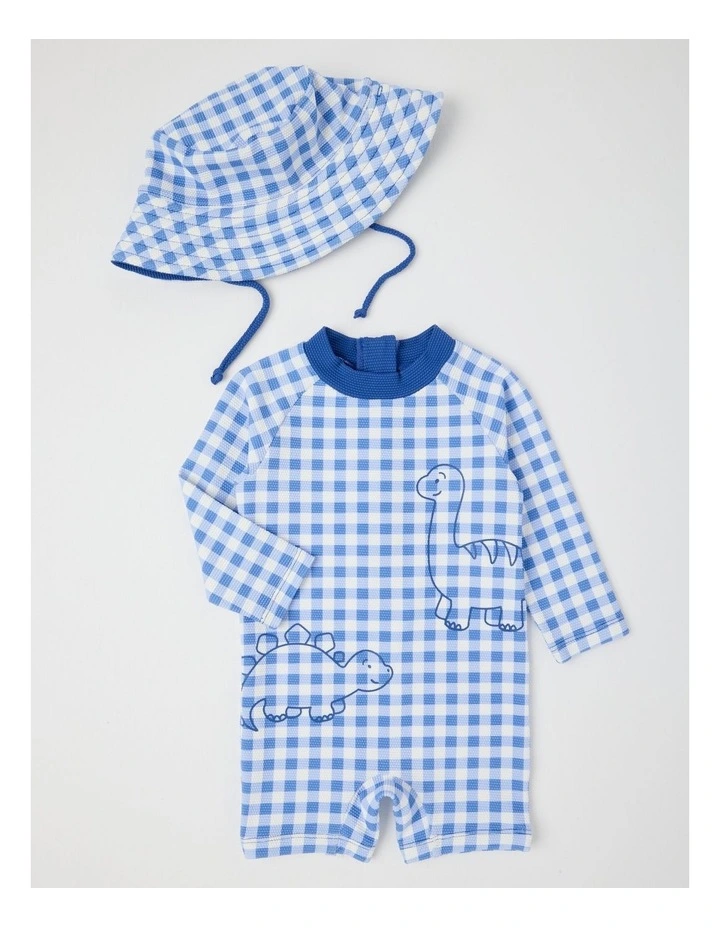 Gingham Dino Swimwear in Mid Blues image 1