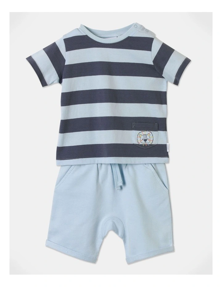 Lion Embroidered Pocket Top & Short Set in Light Blue image 1