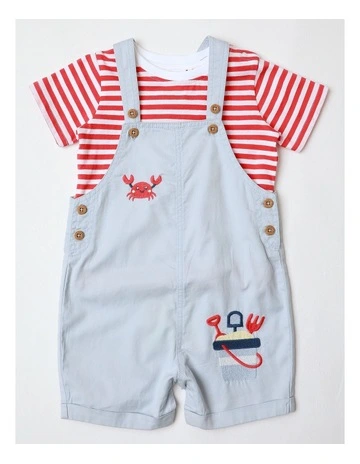 Crab Embroidered Woven Overall Set in White