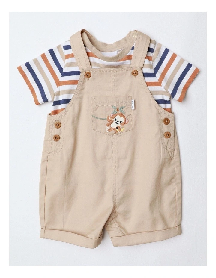 Mini Monkey Adventures 2 Piece Overall Set In Beige image 1