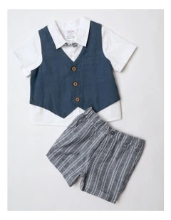Woven Bowtie Shirt With Vest  Short Set in Indigo