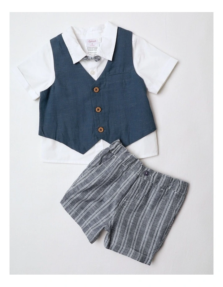 Woven Bowtie Shirt With Vest  Short Set in Indigo image 1