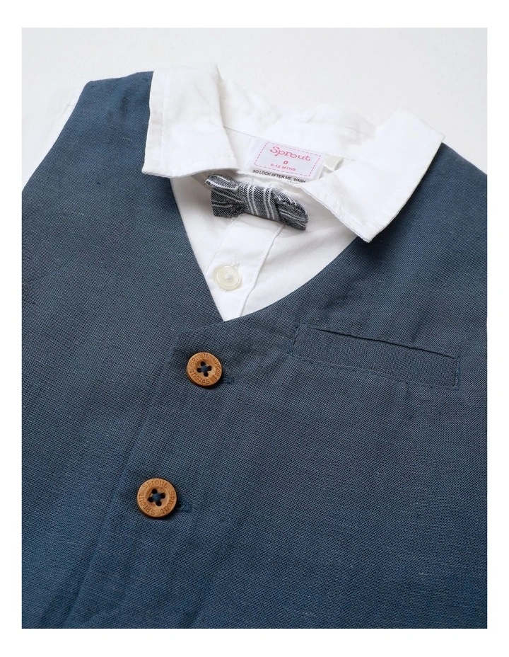 Woven Bowtie Shirt With Vest  Short Set in Indigo image 2
