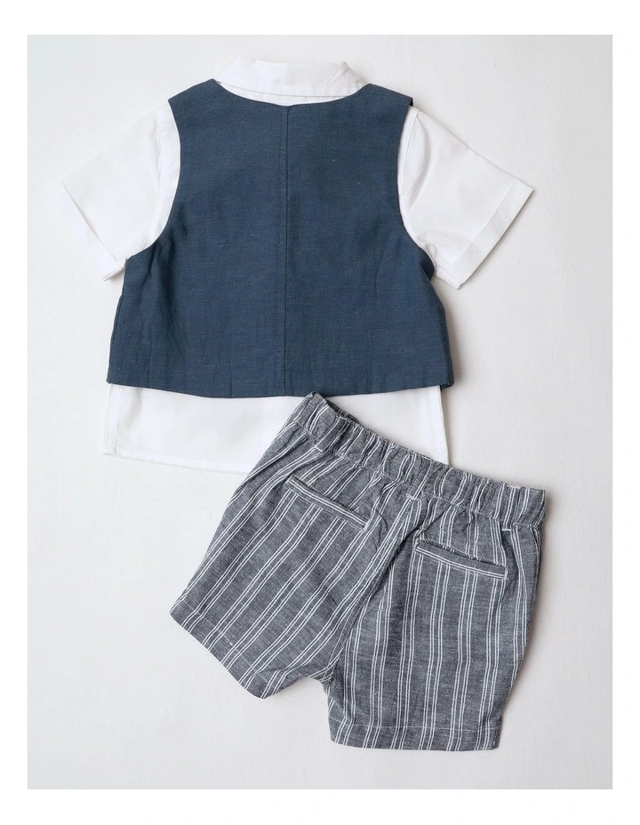 Woven Bowtie Shirt With Vest  Short Set in Indigo image 3