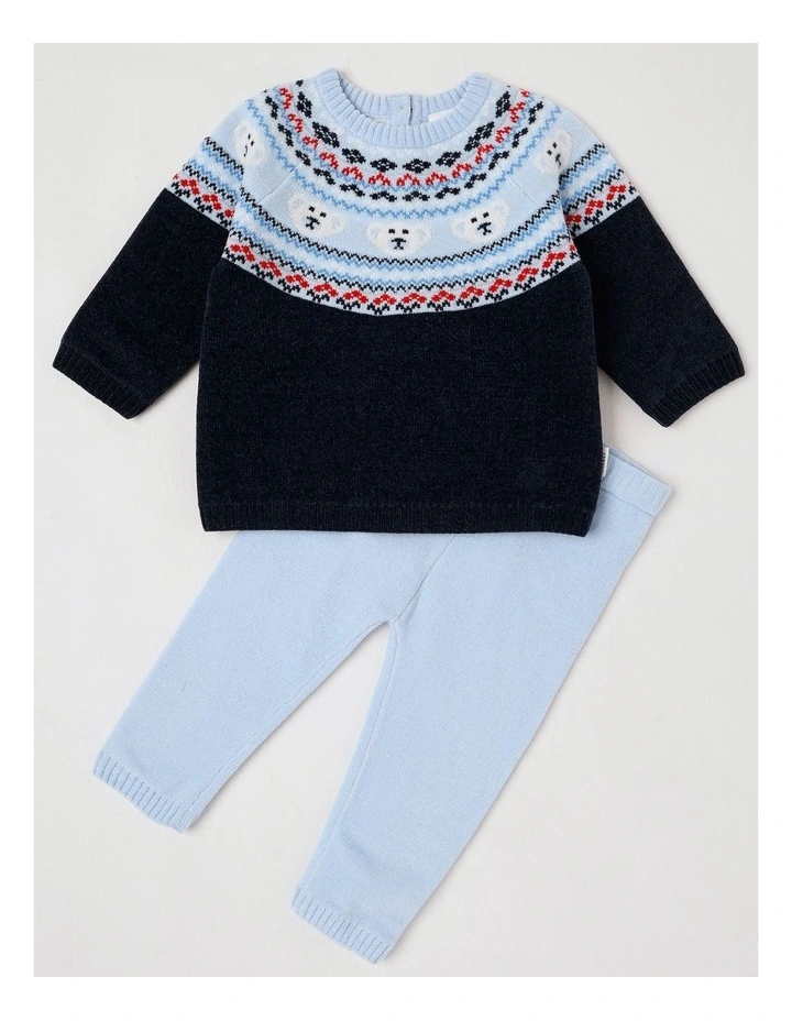 Chennile Teddy Bear Fair Isle Top & Legging Set in Bluestone image 1