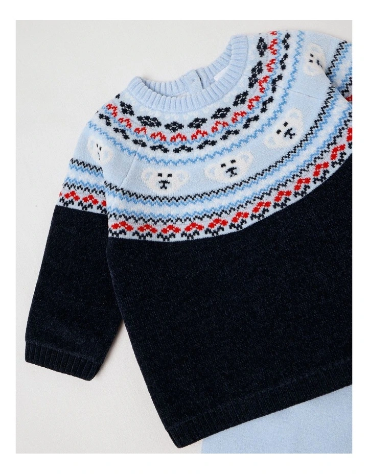 Chennile Teddy Bear Fair Isle Top & Legging Set in Bluestone image 2