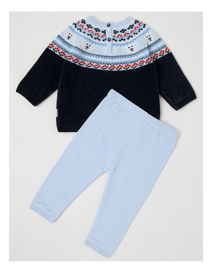 Chennile Teddy Bear Fair Isle Top & Legging Set in Bluestone image 3